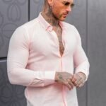 Απαλό ροζ ανδρικό γκοφρε slim fit μακρυμάνικο πουκάμισο / 110P - topcloset.gr