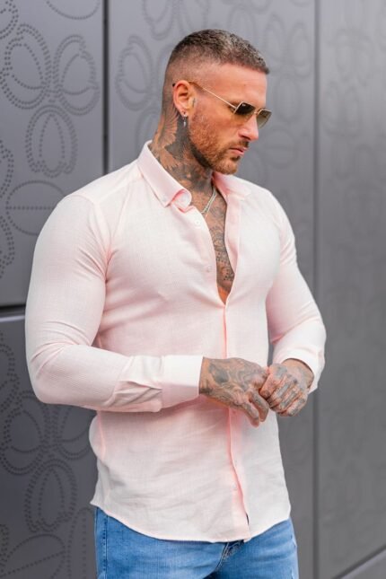 Απαλό ροζ ανδρικό γκοφρε slim fit μακρυμάνικο πουκάμισο / 110P - topcloset.gr