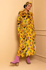 Saly Shirt Dress Yellow Garden Birds Σεμιζιέ Φόρεμα με Τσέπες & Ζώνη Petit Boutik - Image 3