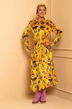 Saly Shirt Dress Yellow Garden Birds Σεμιζιέ Φόρεμα με Τσέπες & Ζώνη Petit Boutik - Image 2