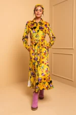 Saly Shirt Dress Yellow Garden Birds Σεμιζιέ Φόρεμα με Τσέπες & Ζώνη Petit Boutik